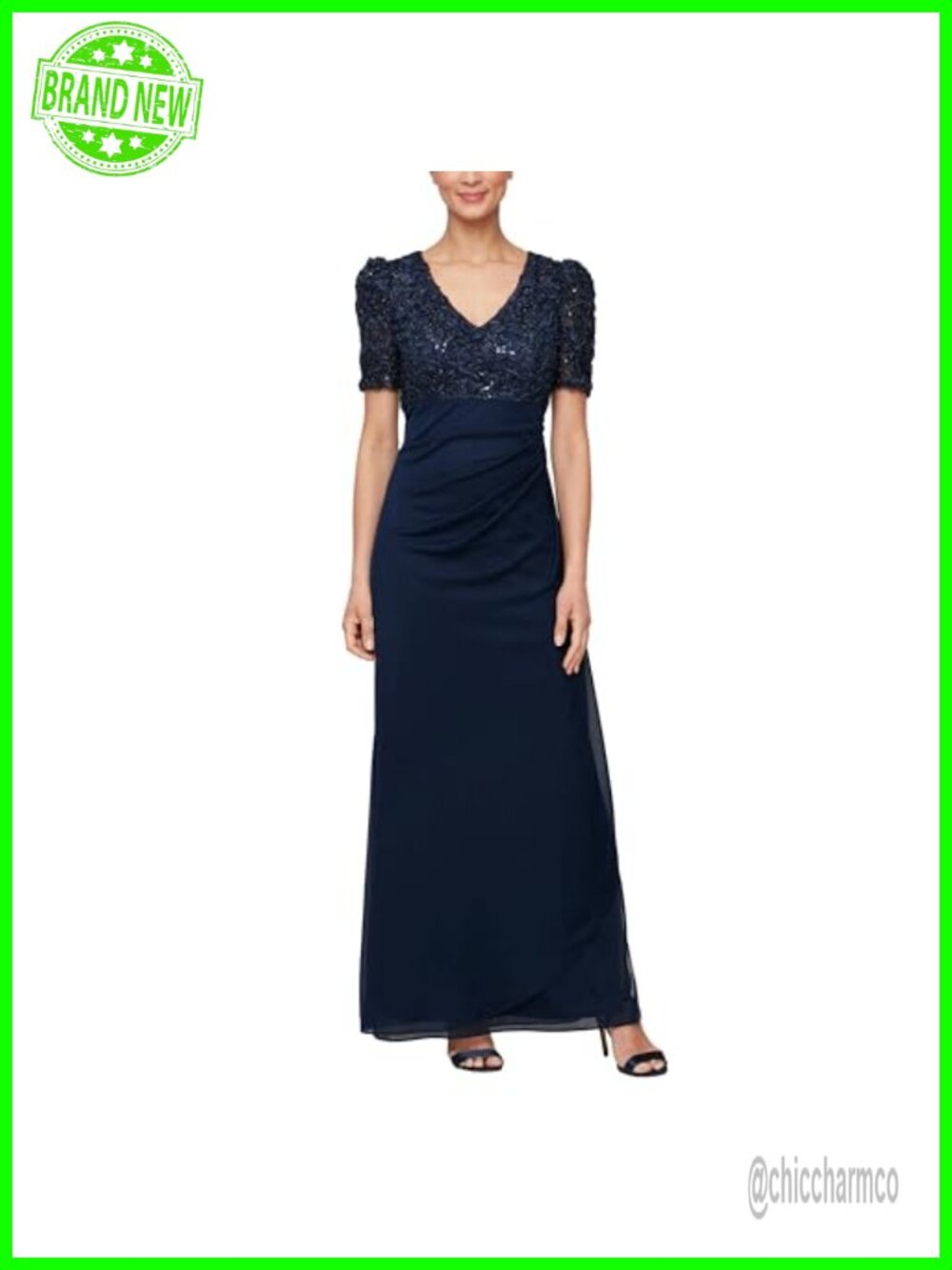 A-Line Gown V-Neck Soutache Lace Sequin Bodice Formal Wedding Guest Dress